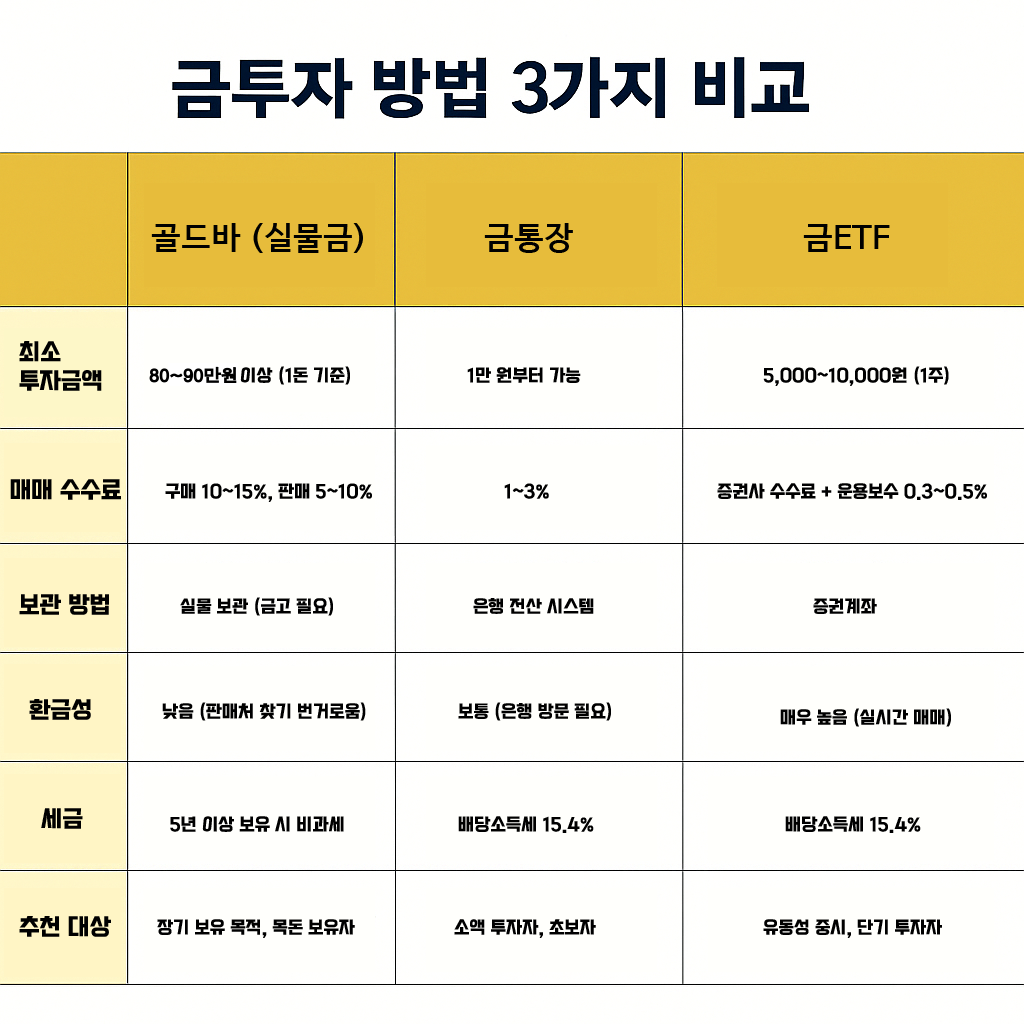 금투자 방법 비교표 - 골드바, 금통장, 금ETF 장단점