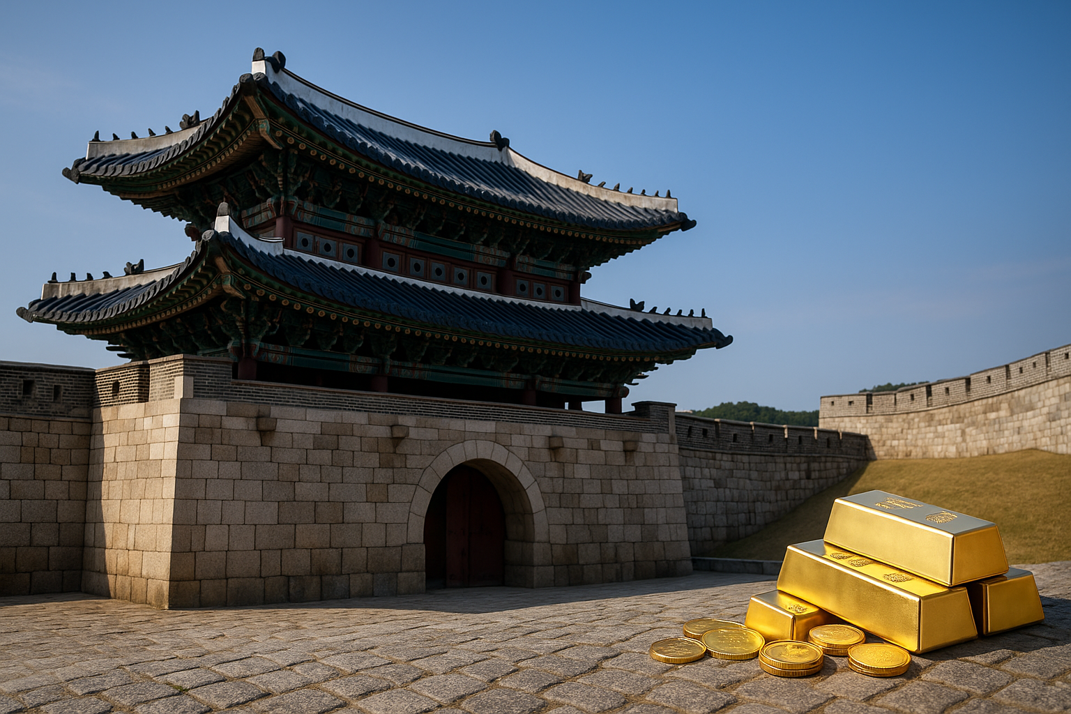수원 화성 전경과 금 기념품을 함께 보여주는 이미지